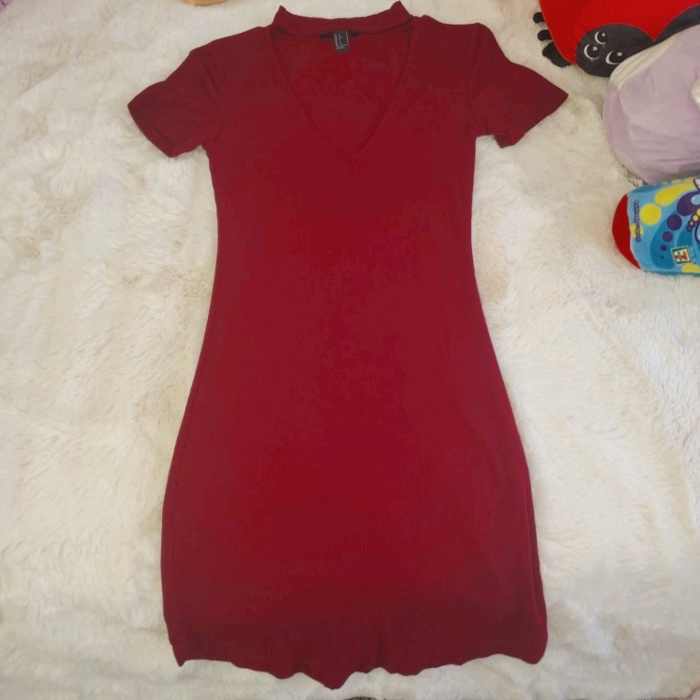 Forever 21 Burgundy Open V-neck Collared Dress
